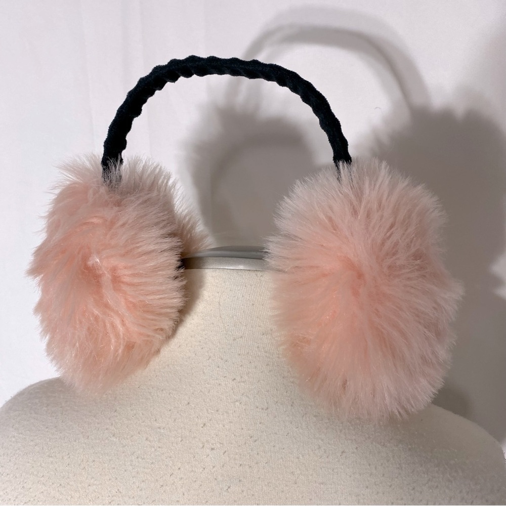 Women’s Light Pink Fluffy Faux Fur Ear Muffs With black Velvet Headband - Picture 3 of 10